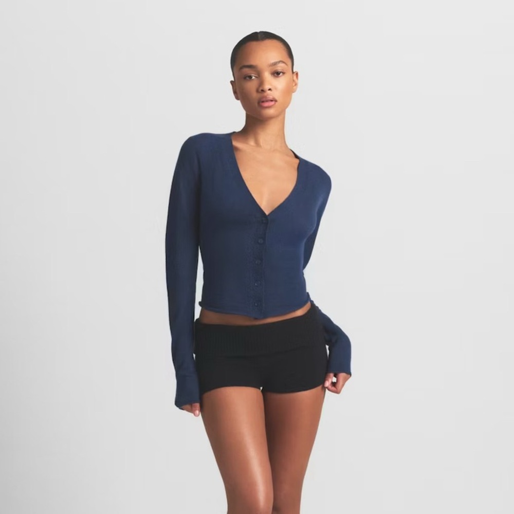SKIMS Navy Button-Front Ribbed V-Neck Sweater